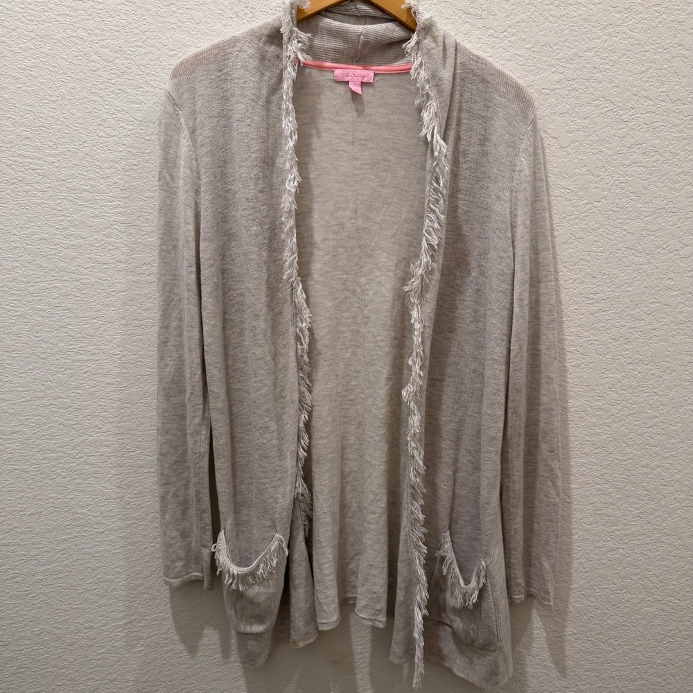 Lilly Pulitzer Womens Gray Fringe Trim Open Front Cardigan Sweater Large